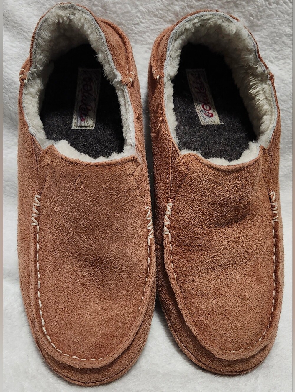 Olukai Nohea Pink Leather Suede Slippers Sheep Fur Lined Women's Size 6